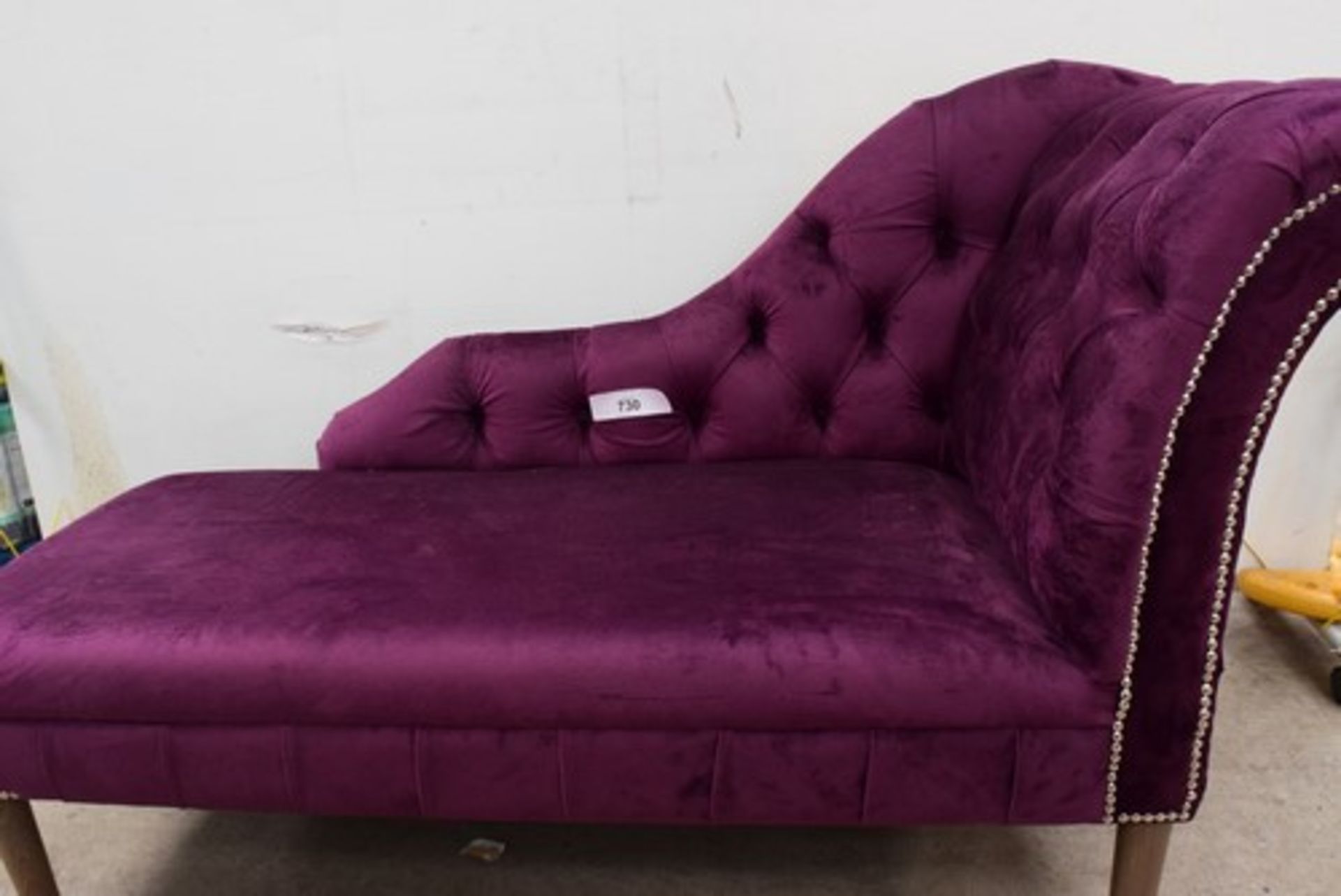 1 x Chaise lounge, purple approximately 140 x 55cm (slight tear in fabric front left corner) - Image 2 of 6