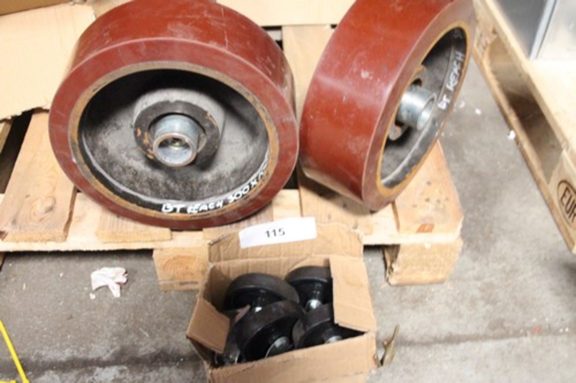 A selection of sack truck and castor wheels including 4.10/3.50-4 steel rimmed wheels, 130mm,