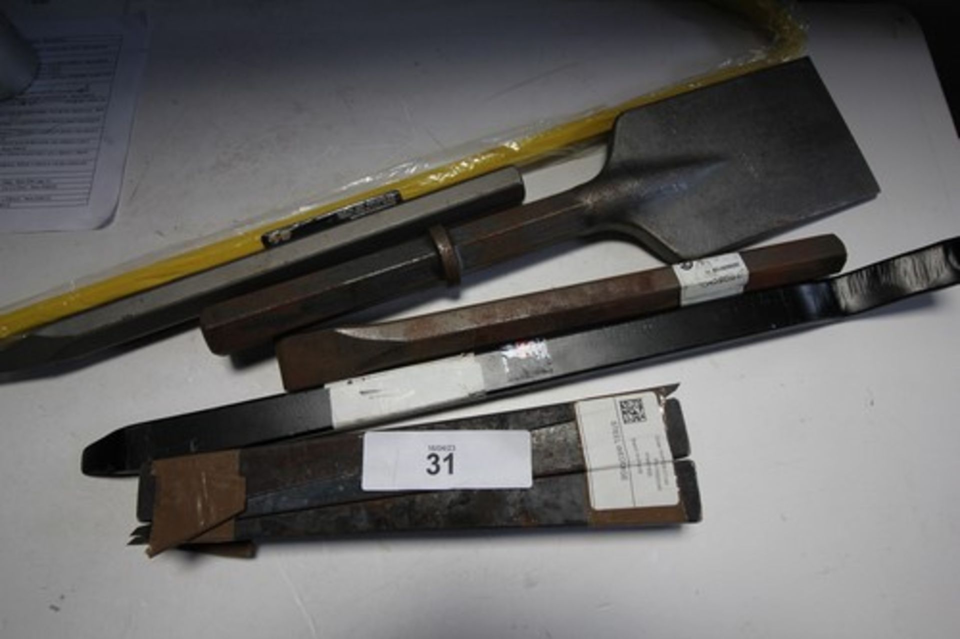 A selection of chisels and points including 3 x large steel wedges, code 137800, 1 x 36mm X 400mm