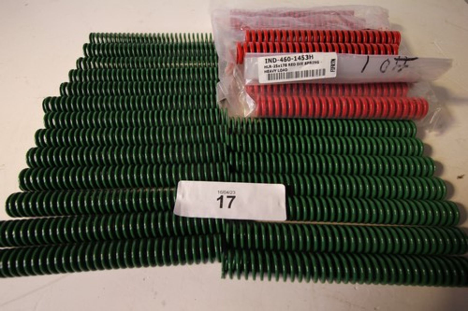 A selection of heavy duty springs including HLR-25mm x 178mm red die springs, HLR-25mm x 202mm green