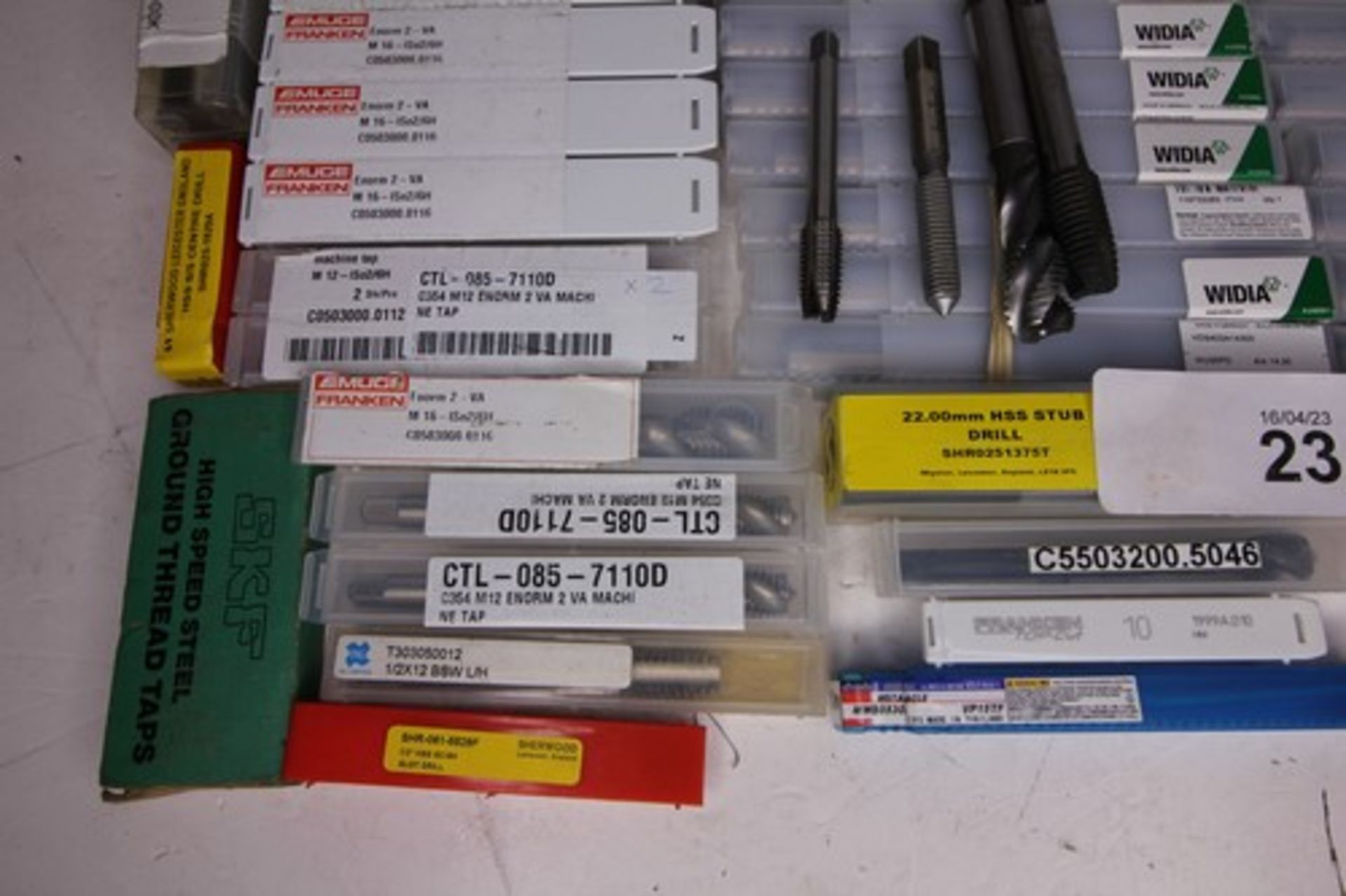 A selection of drill bits and taps including Widia WU25PD 14.3mm, C354M16 Enrom machine tap, 22mm - Image 2 of 4