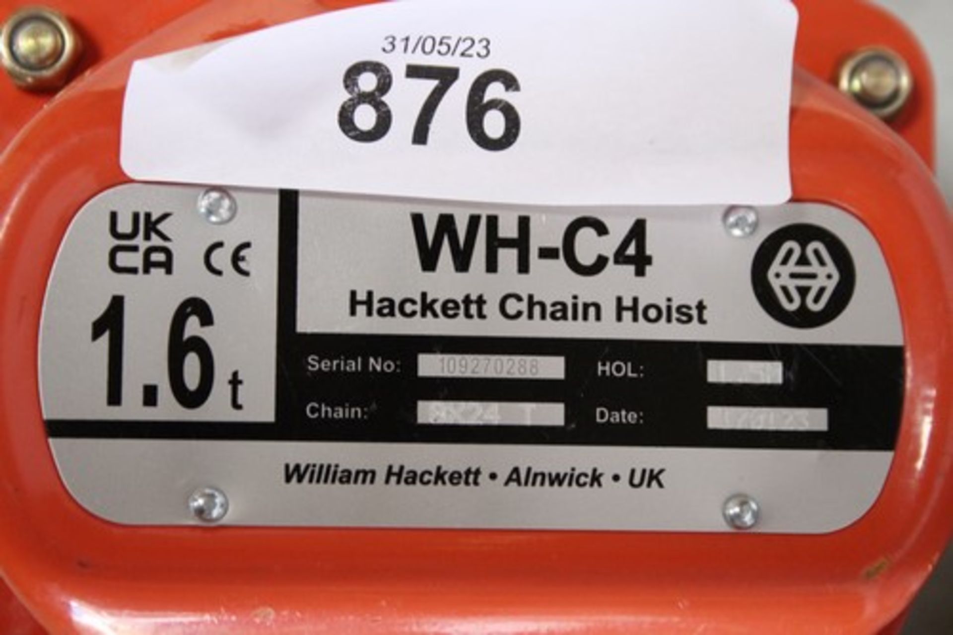 2 x William Hackett chain block hoists, model - WH-C4 work capacity 1.6 tonnes. -New in tatty - Image 2 of 3