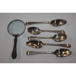 Two silver teaspoons; three silver plated teaspoon