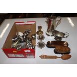 A collection of silver plated items; stainless ste