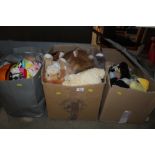 Three boxes of various soft and other toys