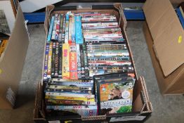 A box of various DVD's
