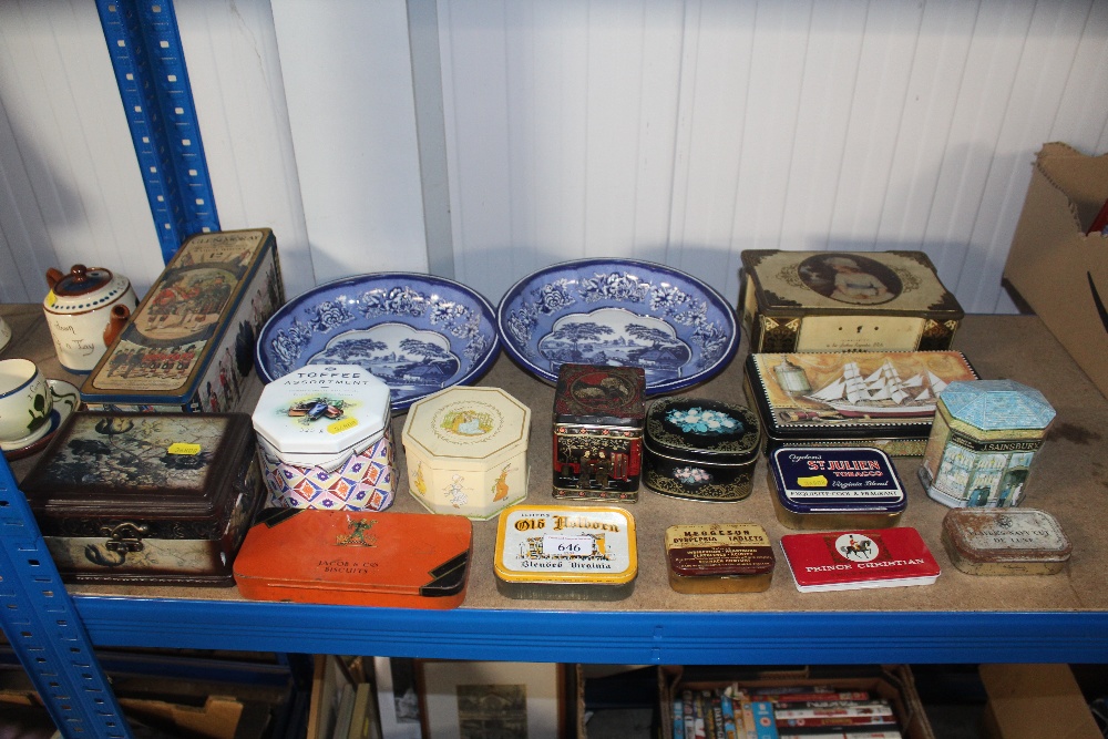 A quantity of various tins, "The Tin Company" bowl