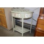 A painted and decorated demi-lune hall table, fitt