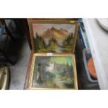 Two oil on canvas paintings depicting mountainous