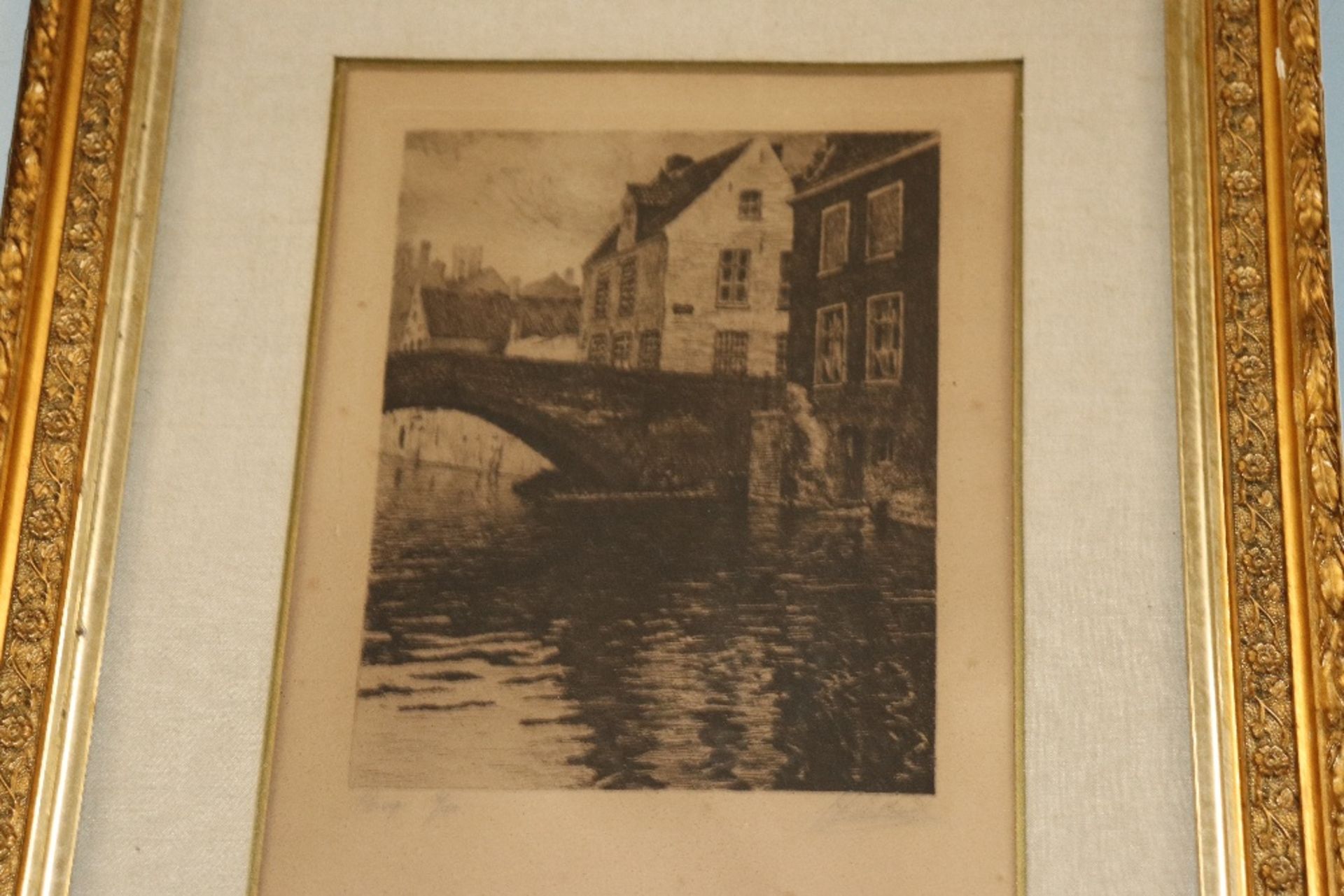 A pencil signed etching of Bruges in gilt frame - Image 2 of 3