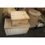 A sting top stool, two wicker baskets and wooden s