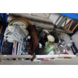 Three boxes containing various saucepans; glasswar