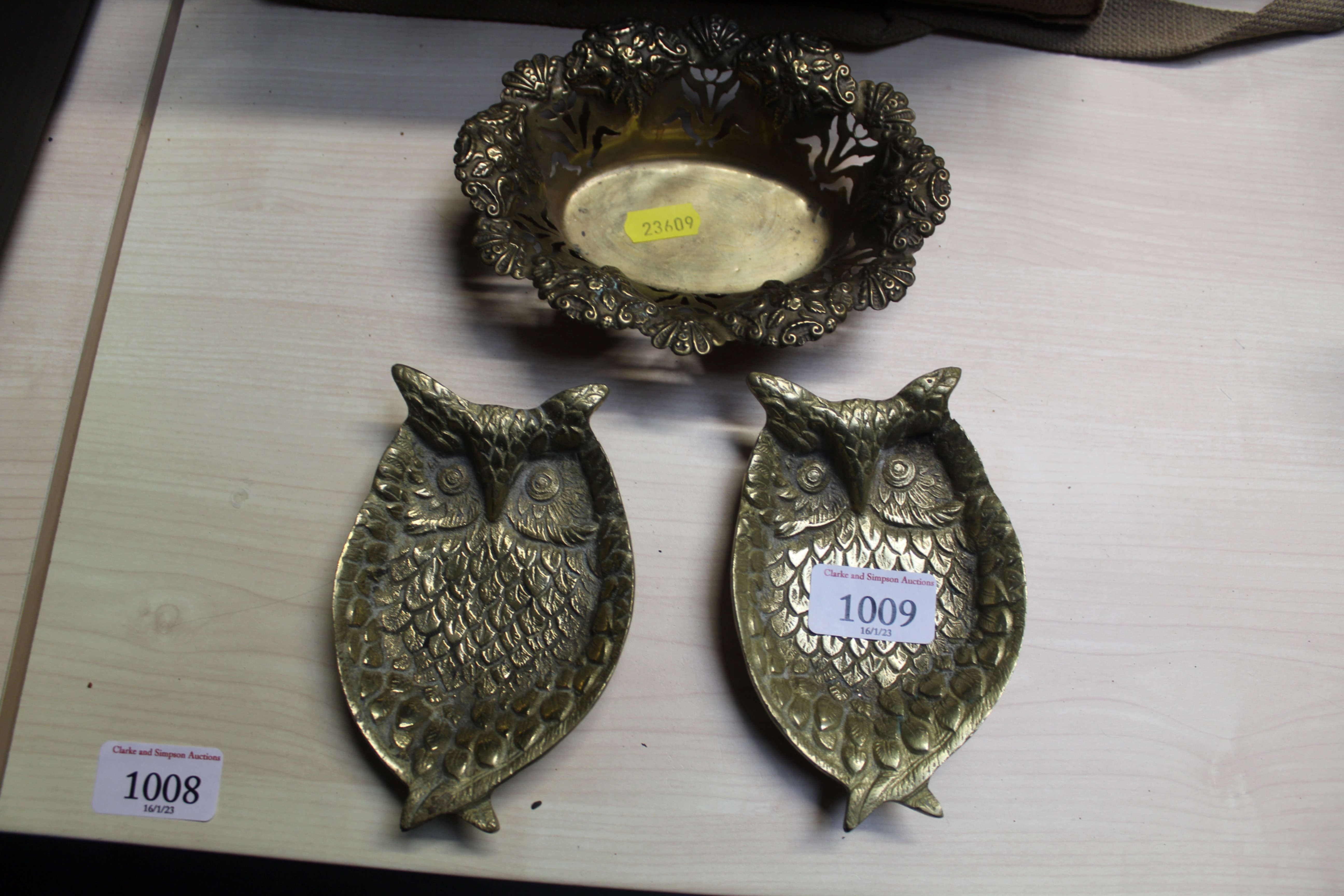 Two brass dishes in the form of owls and a pierce