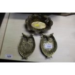 Two brass dishes in the form of owls and a pierce