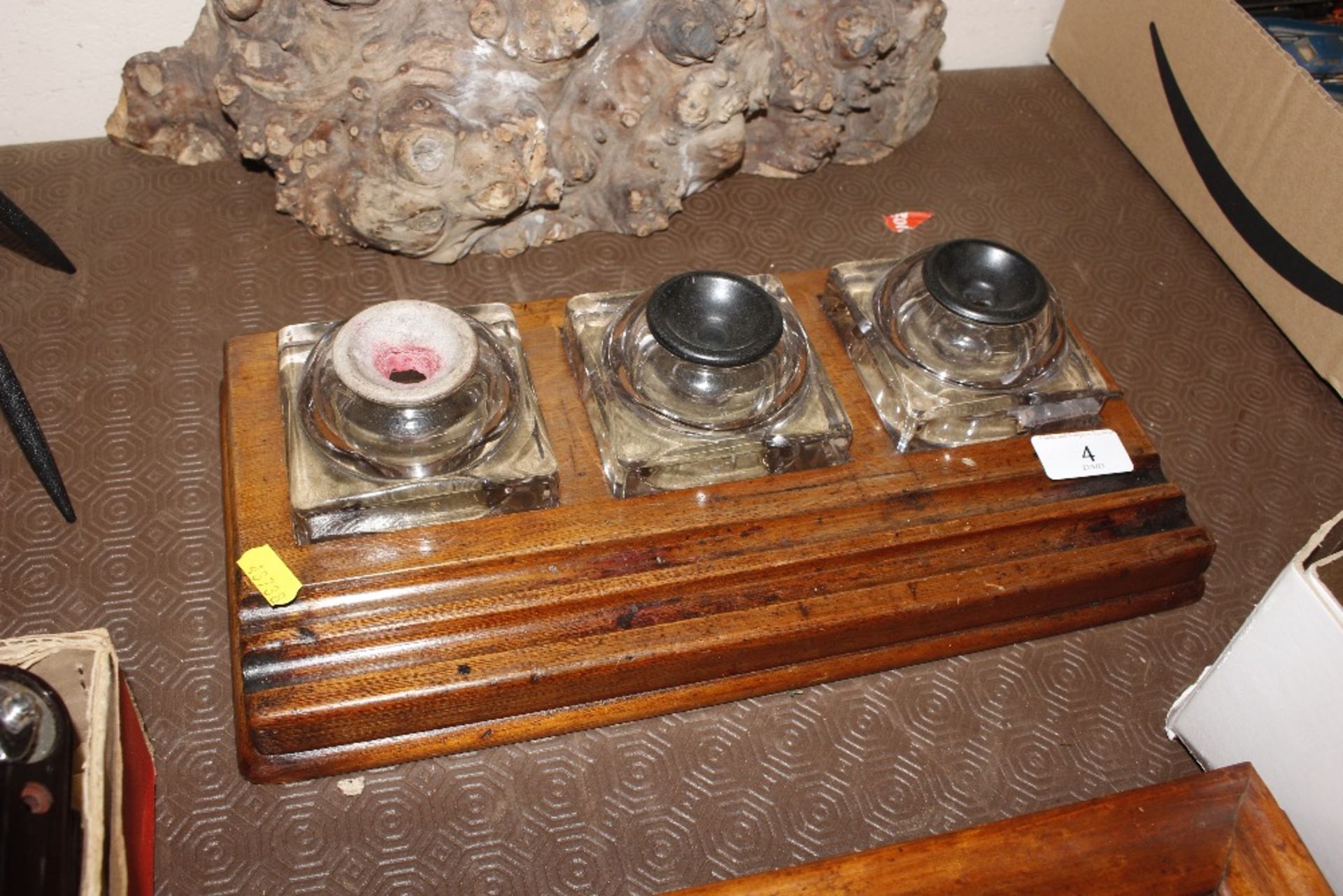 An oak desk stand set three square glass ink bottl