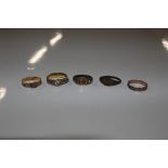 Five 9ct gold and other rings including an enamel