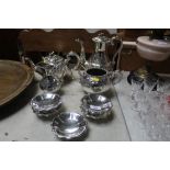 A silver plated four piece tea set and five Mappin
