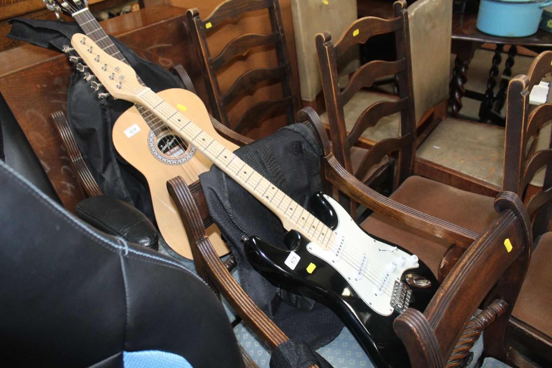 An electric guitar and carrying bag