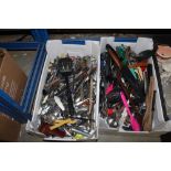 Two boxes containing various cutlery and kitchen u