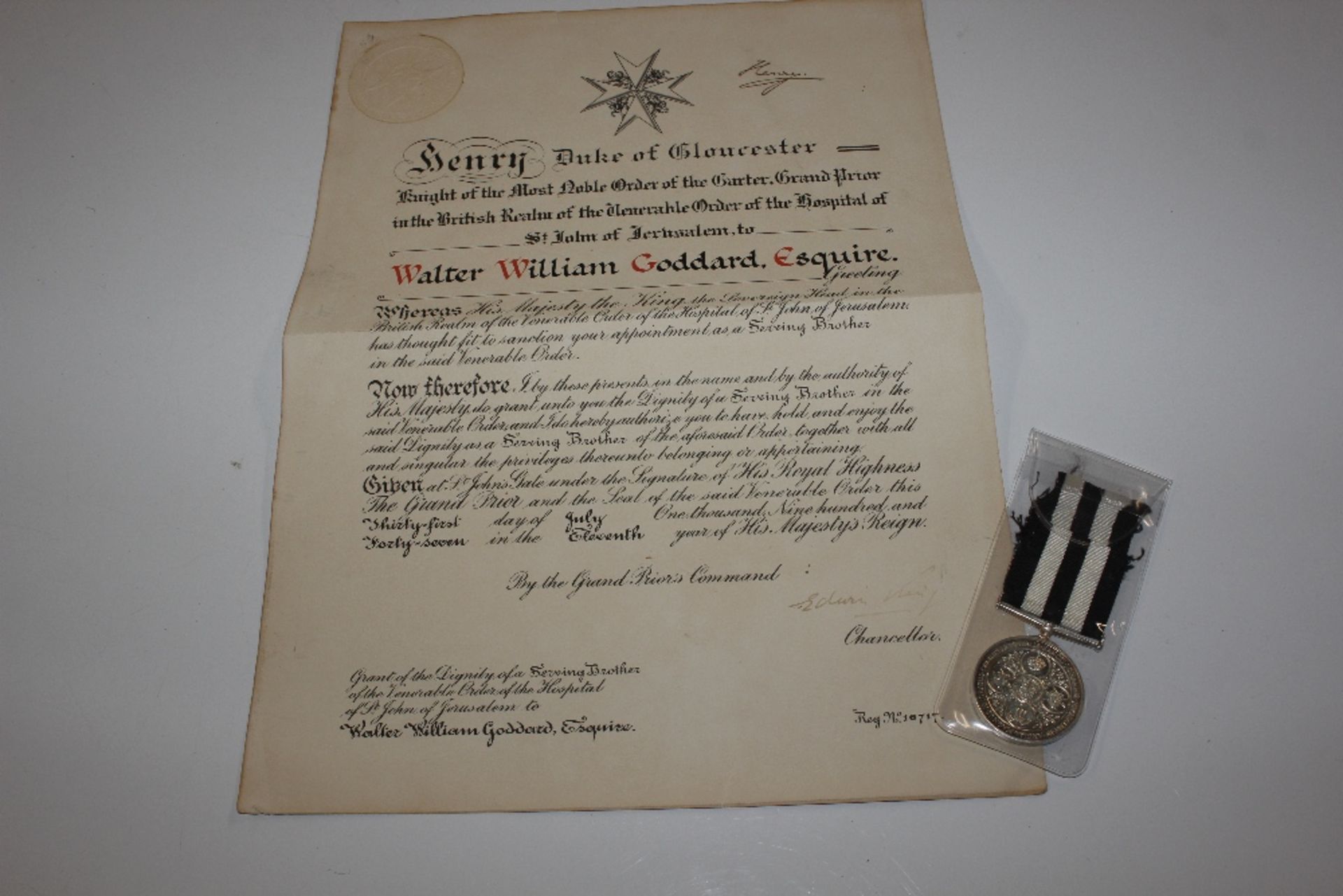 Order of St John's Service medal and scroll to Wal