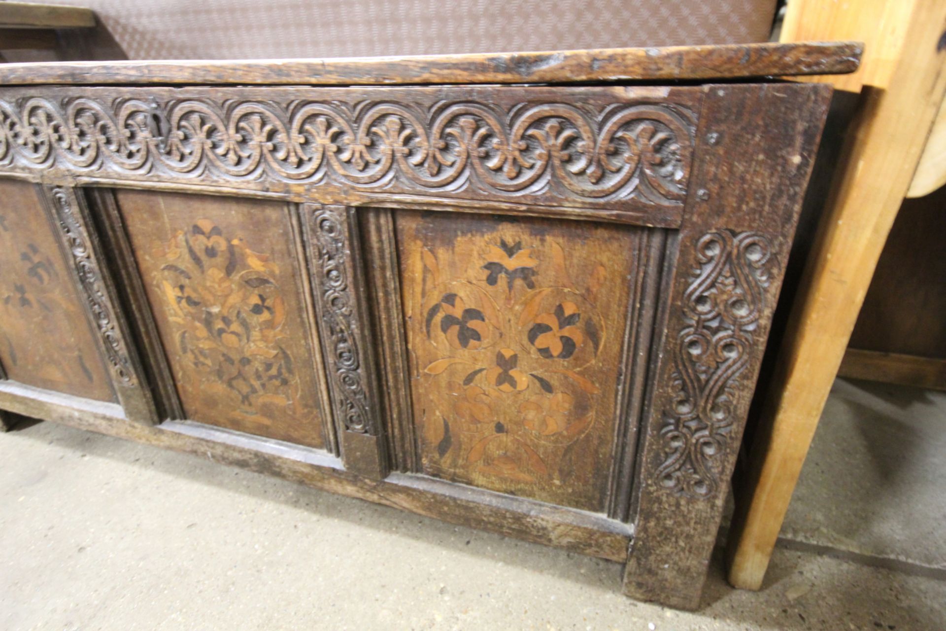 An antique panelled coffer with marquetry inlay - Image 2 of 4