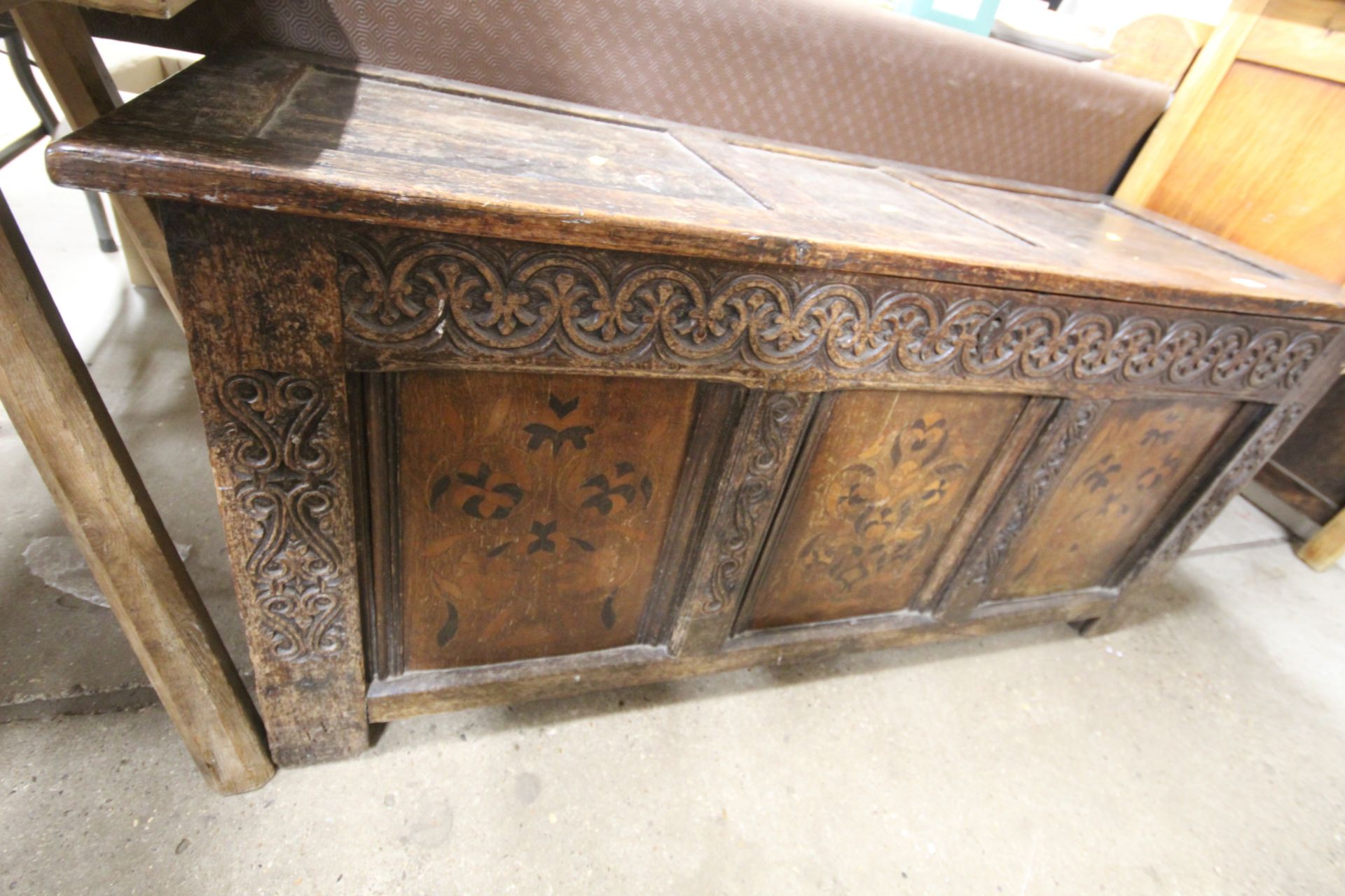 An antique panelled coffer with marquetry inlay - Image 3 of 4