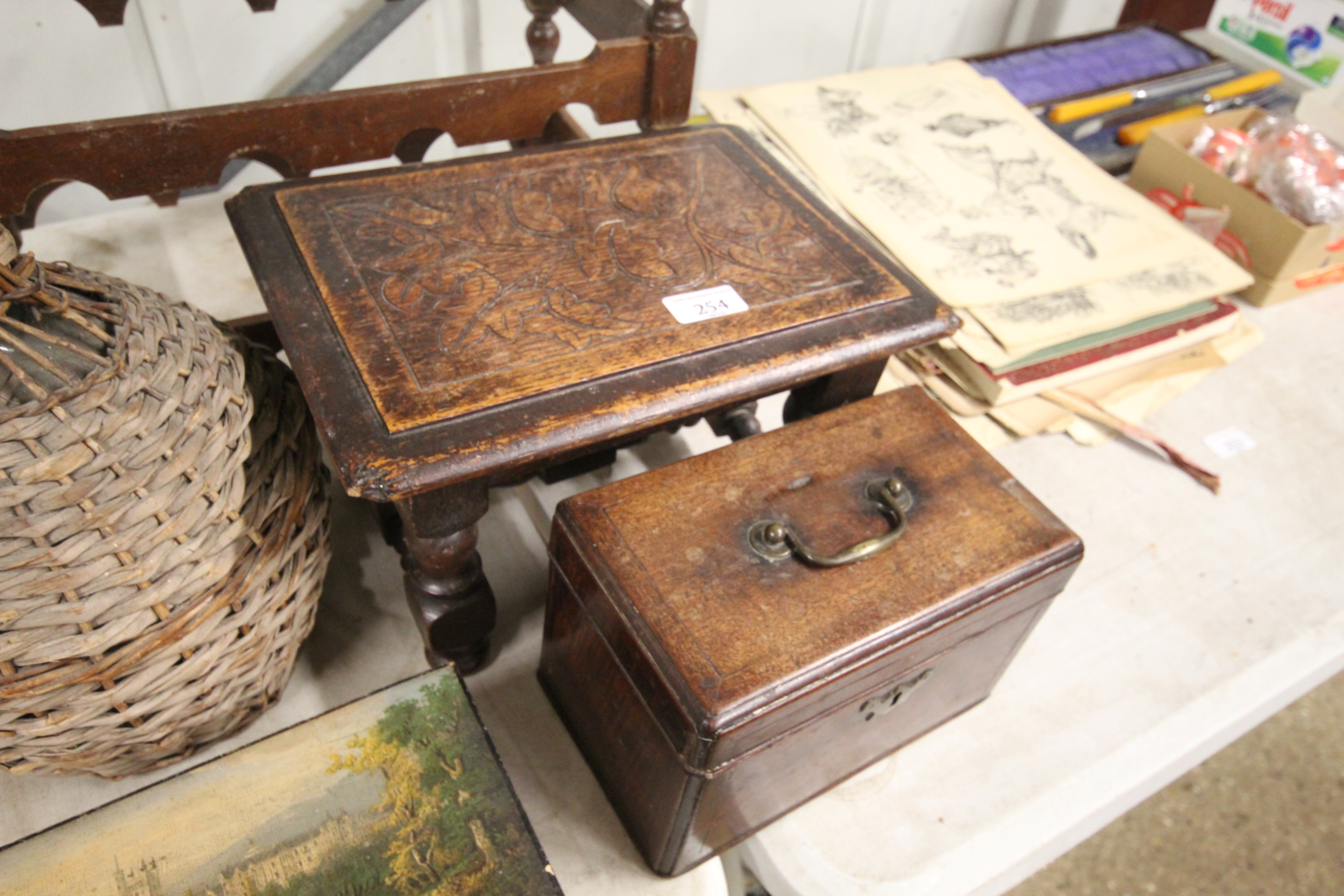 A 19th Century tea caddy; and a small carved oak s - Image 3 of 5