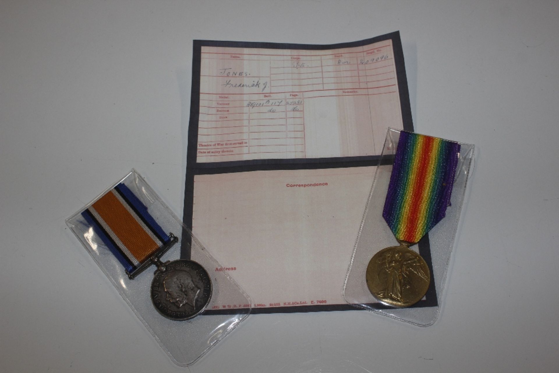 BWM and Victory medals to 209096 Dvr. F.J. Jones RE