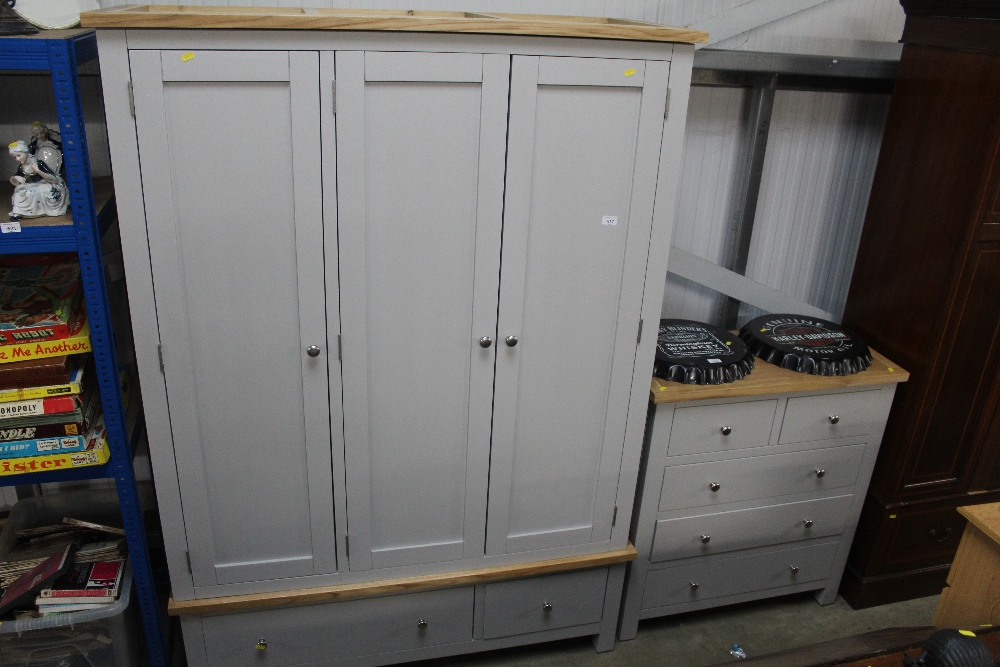 A Chilton oak grey painted three drawer wardrobe f