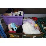 Three boxes containing various stuffed toys