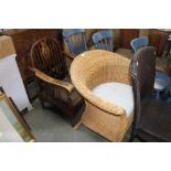 A wicker armchair and a stick and wheelback reclin