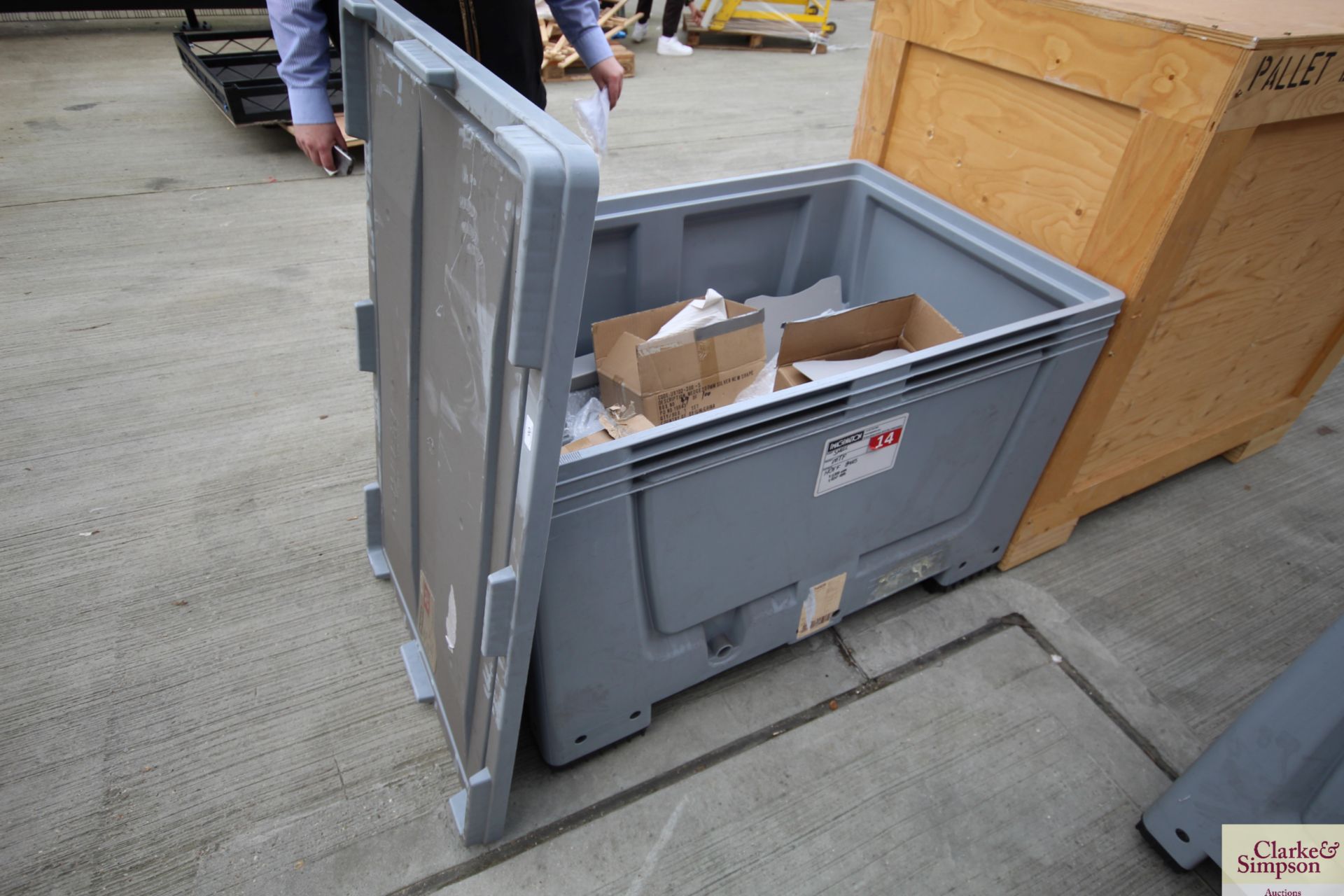 Dolav type crate with lid containing a large quantity of Hoff bases, brackets etc for mounting