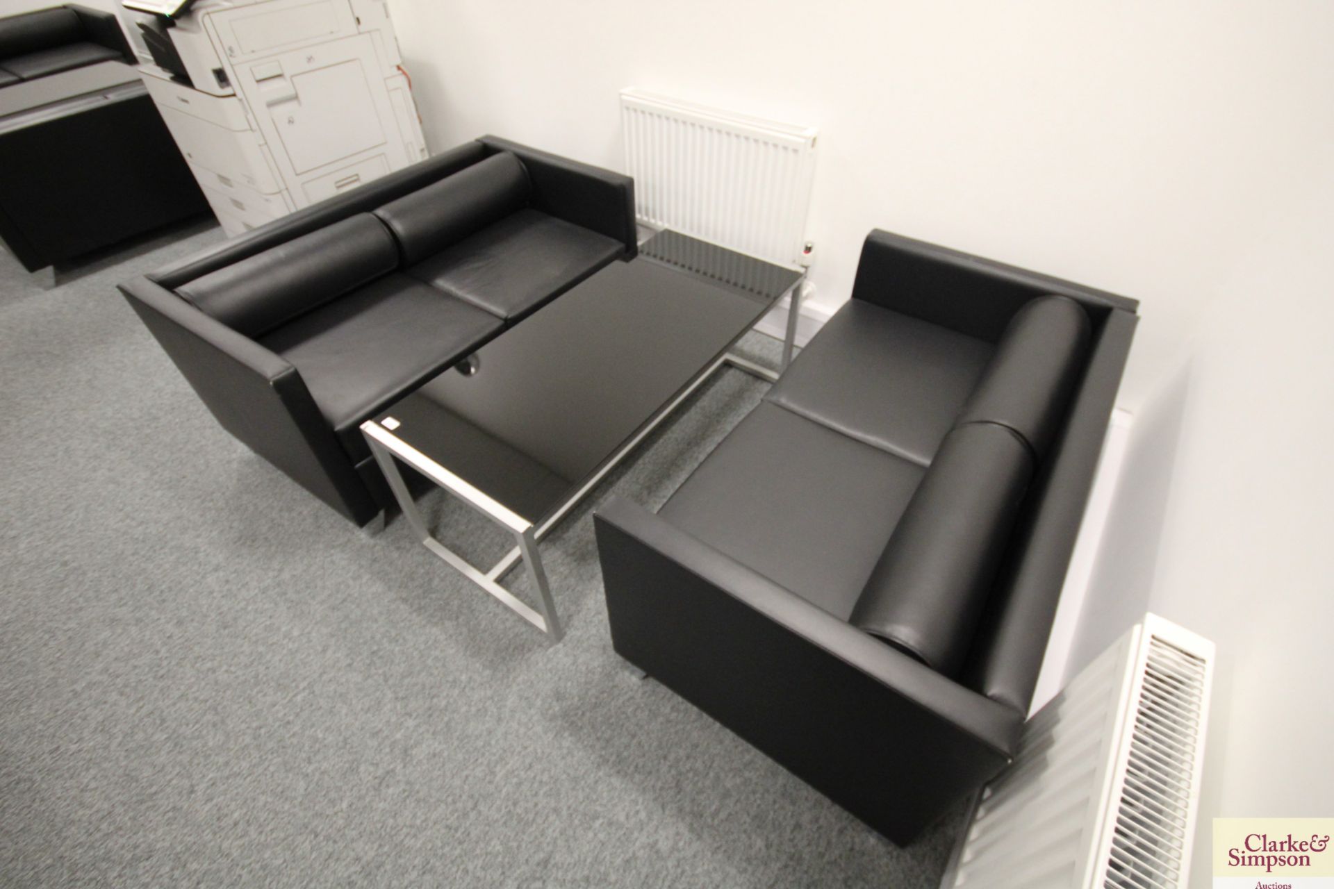 2x two seater leatherette settees with black glass topped coffee table. V - Image 2 of 2