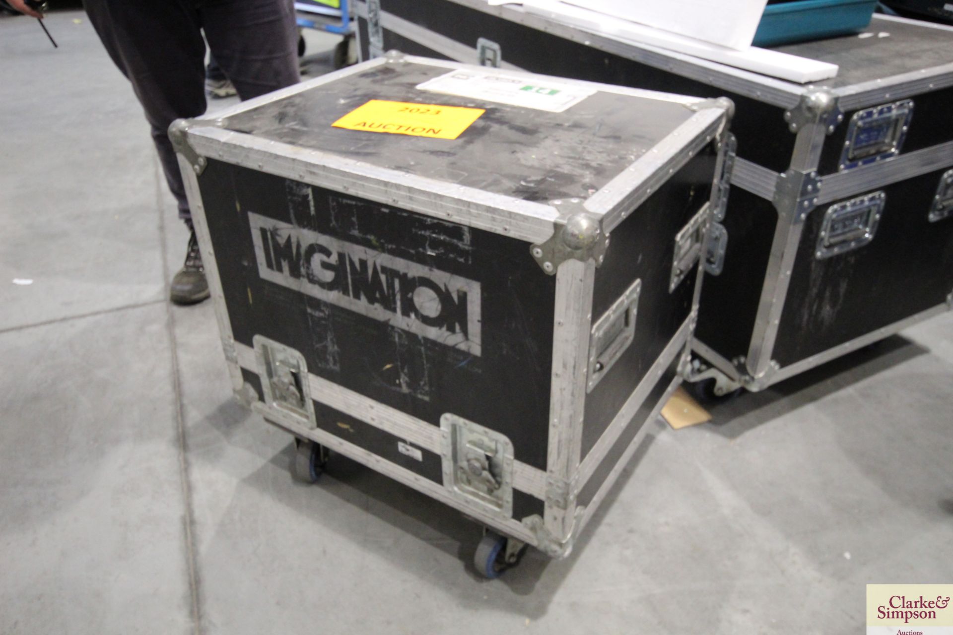 Wheeled flight case measuring approx. 55cm x 70.5cm x 55cm, containing two Brother HL2340DW