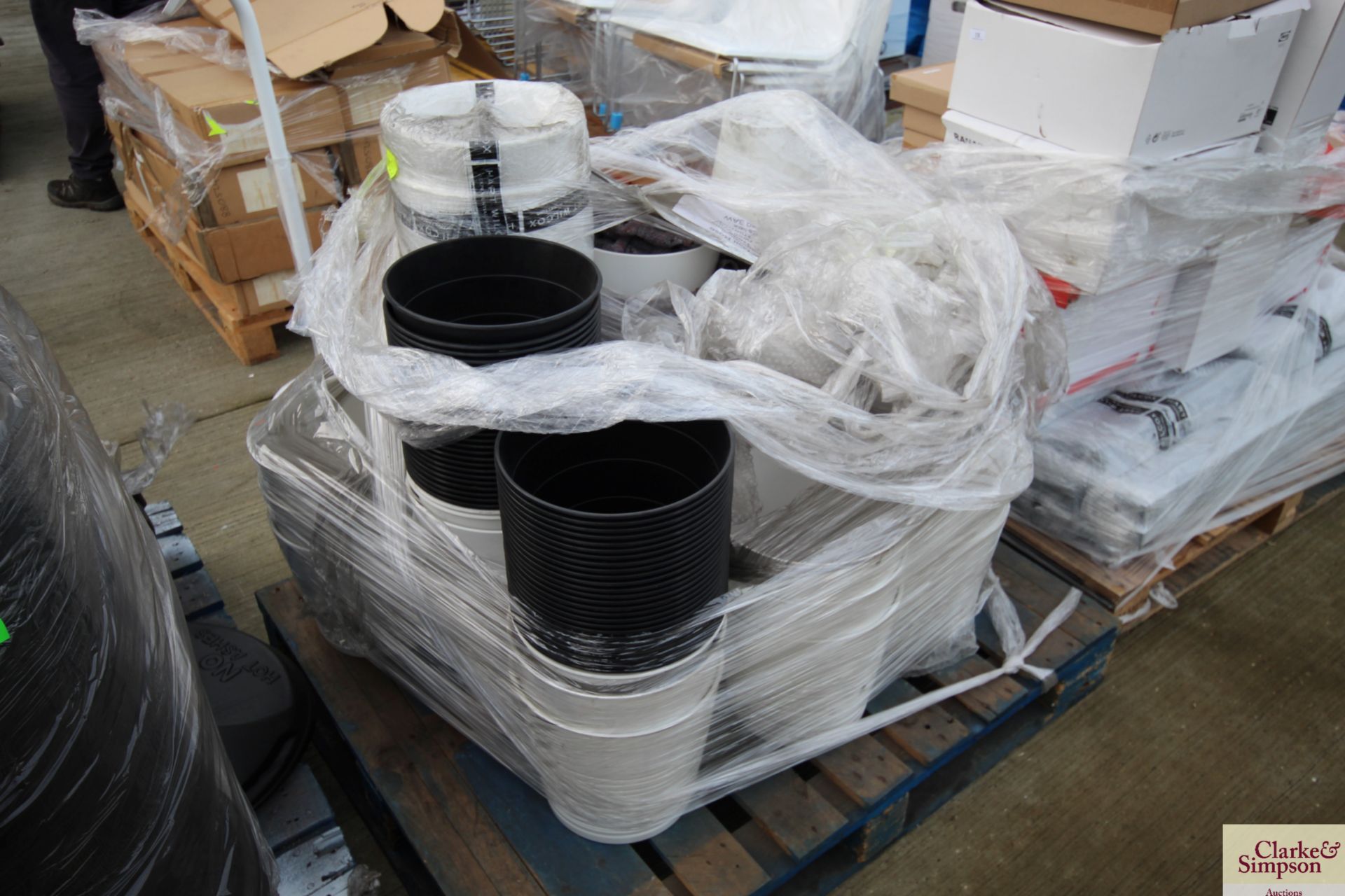 Pallet with a quantity of Ikea white and black plastic dustbins; ceramic plant pots etc. V