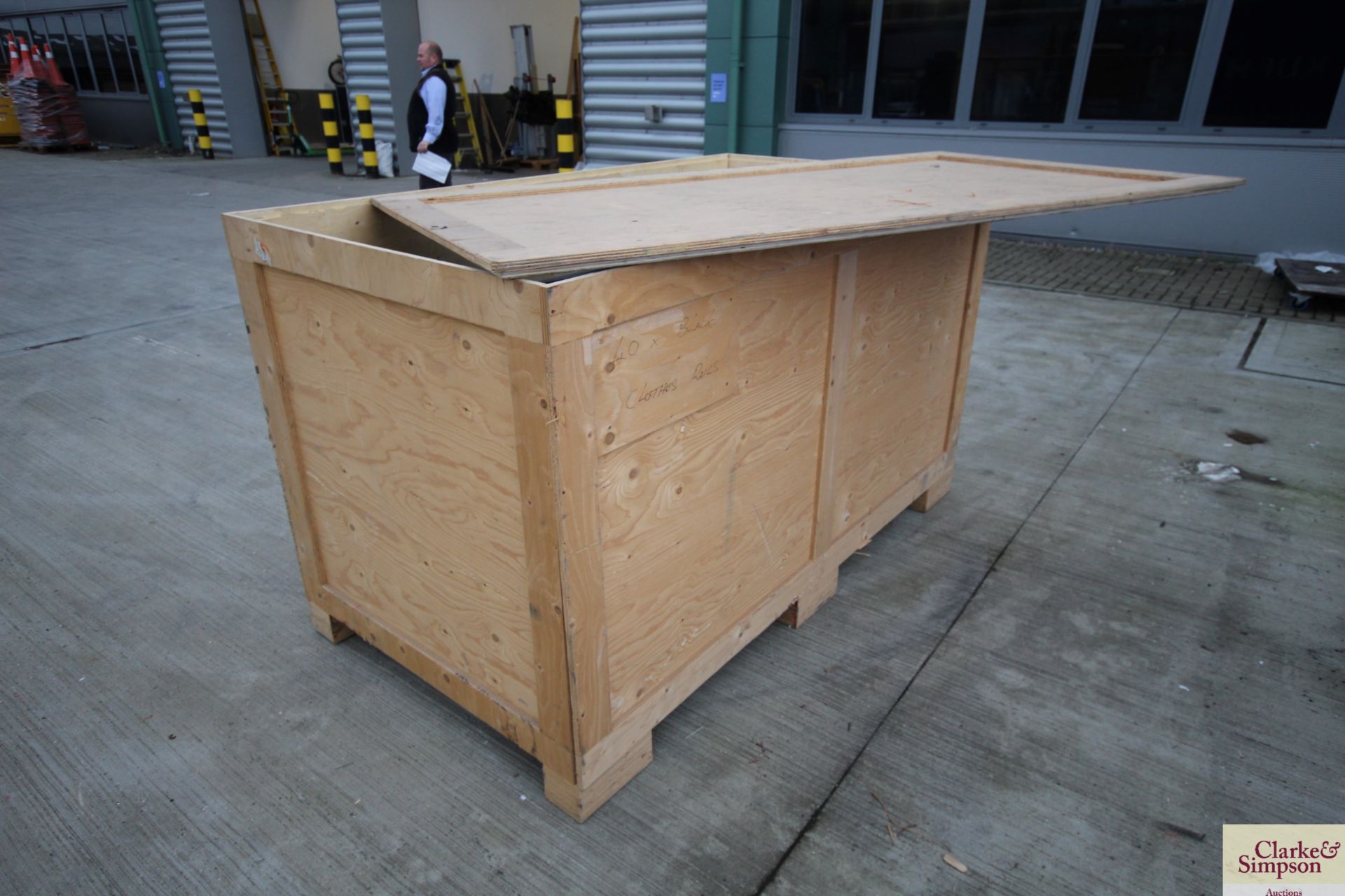 Large wooden pallet box with a large quantity of coat rails. V - Image 2 of 4