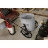 A Vintage water cart with galvanised bucket, metal frame and wheels