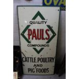 A "Paul's Compounds Cattle Poultry and Pig Foods" enamel advertising sign, approx. 72" x 36"