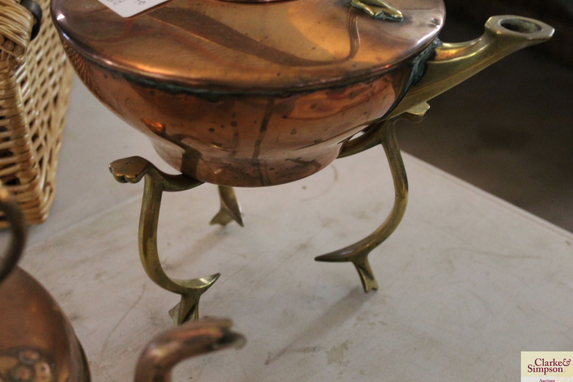 A brass and copper spirit kettle signed to Benson and a copper kettle together with a copper warming - Image 8 of 9