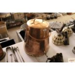 A brass and copper milk churn; a pair of..........