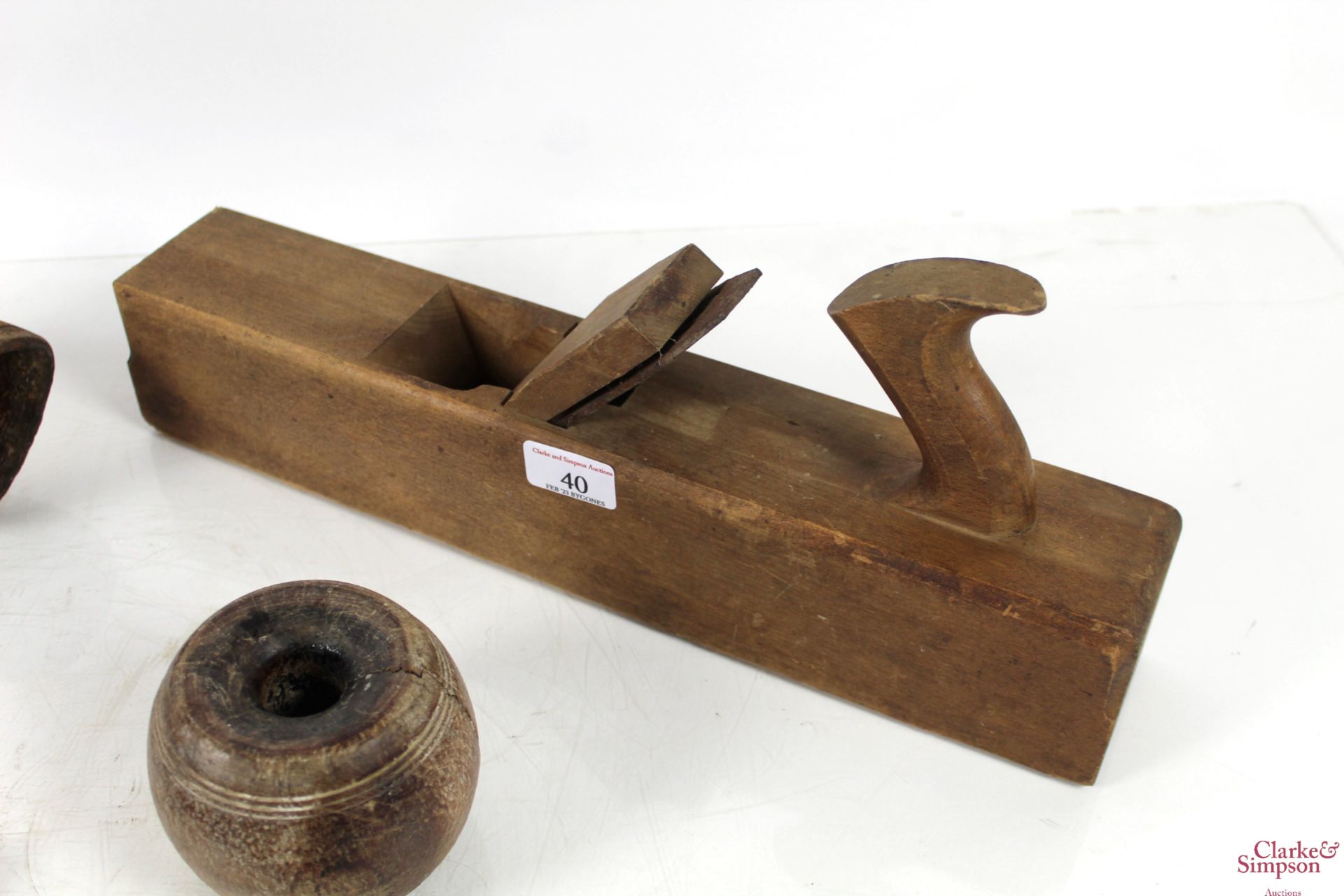 A group of five 19th Century drenching horns, two with braided initials E.J., a jack plane, a sack - Image 6 of 6