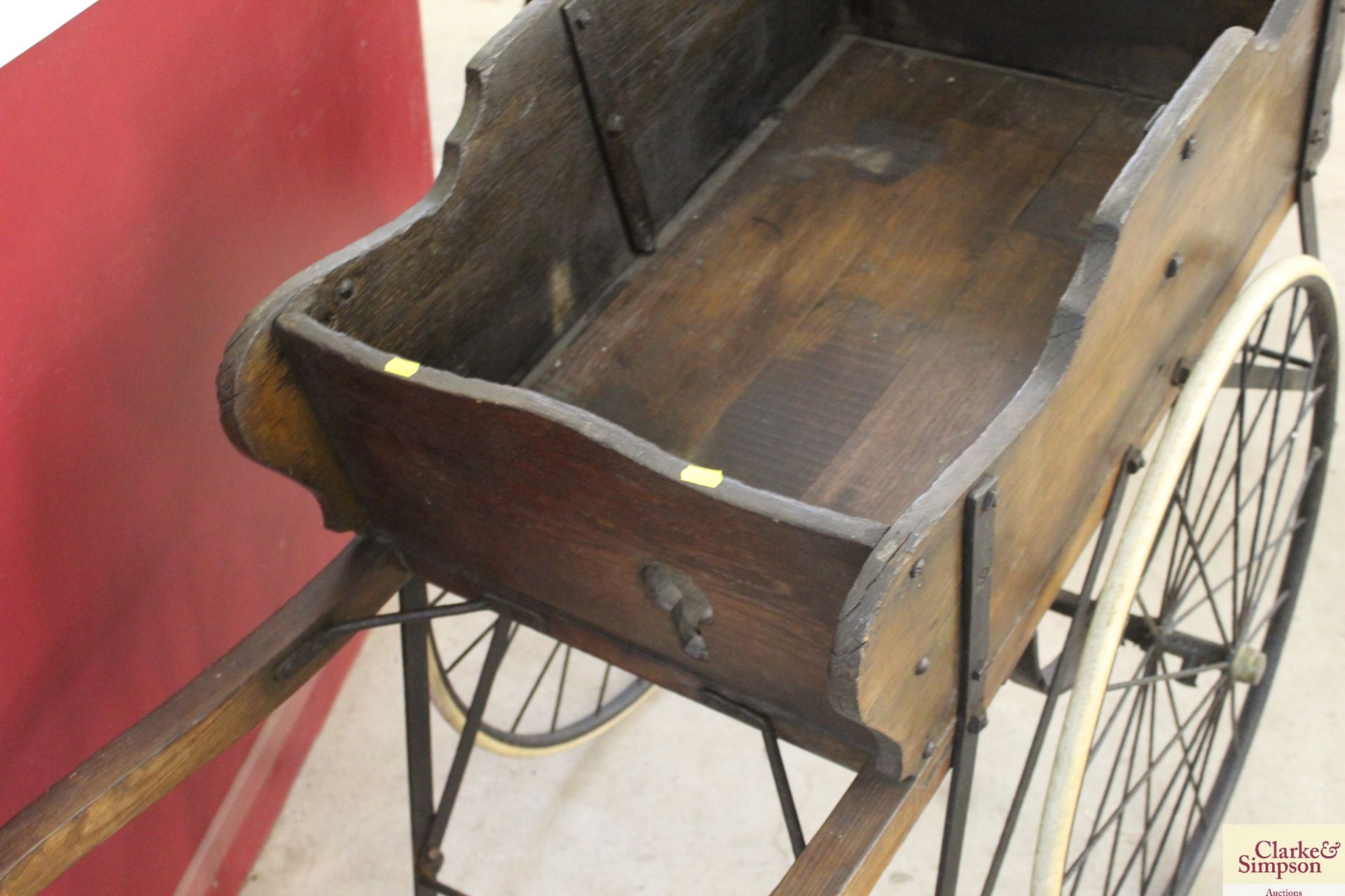 An early Victorian wooden two wheeled hand push ba - Image 9 of 12