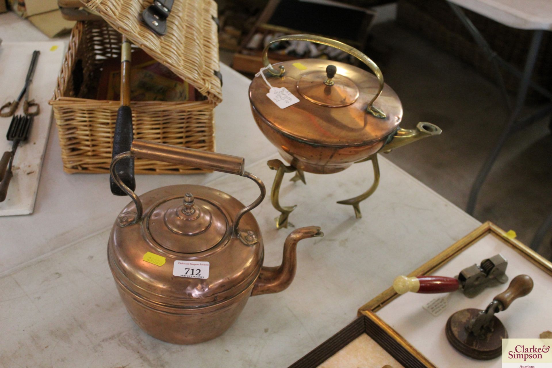 A brass and copper spirit kettle signed to Benson and a copper kettle together with a copper warming - Image 6 of 9