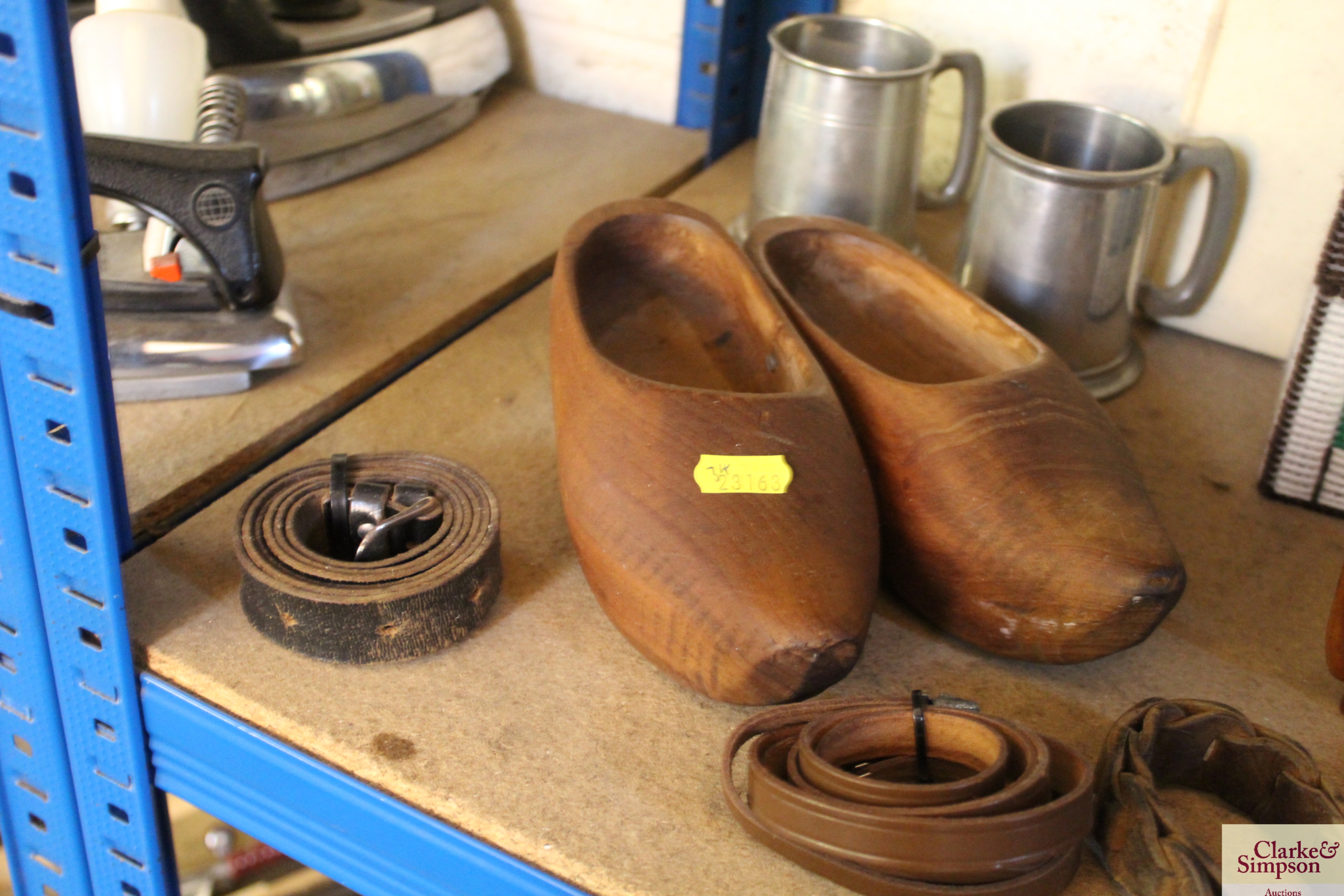 A pair of wooden clogs, two tankards, a small leat - Image 2 of 6