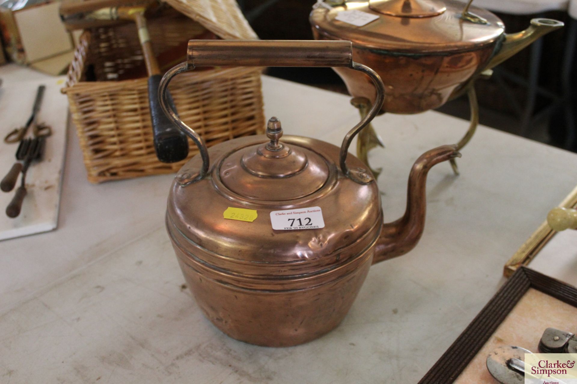 A brass and copper spirit kettle signed to Benson and a copper kettle together with a copper warming - Image 9 of 9