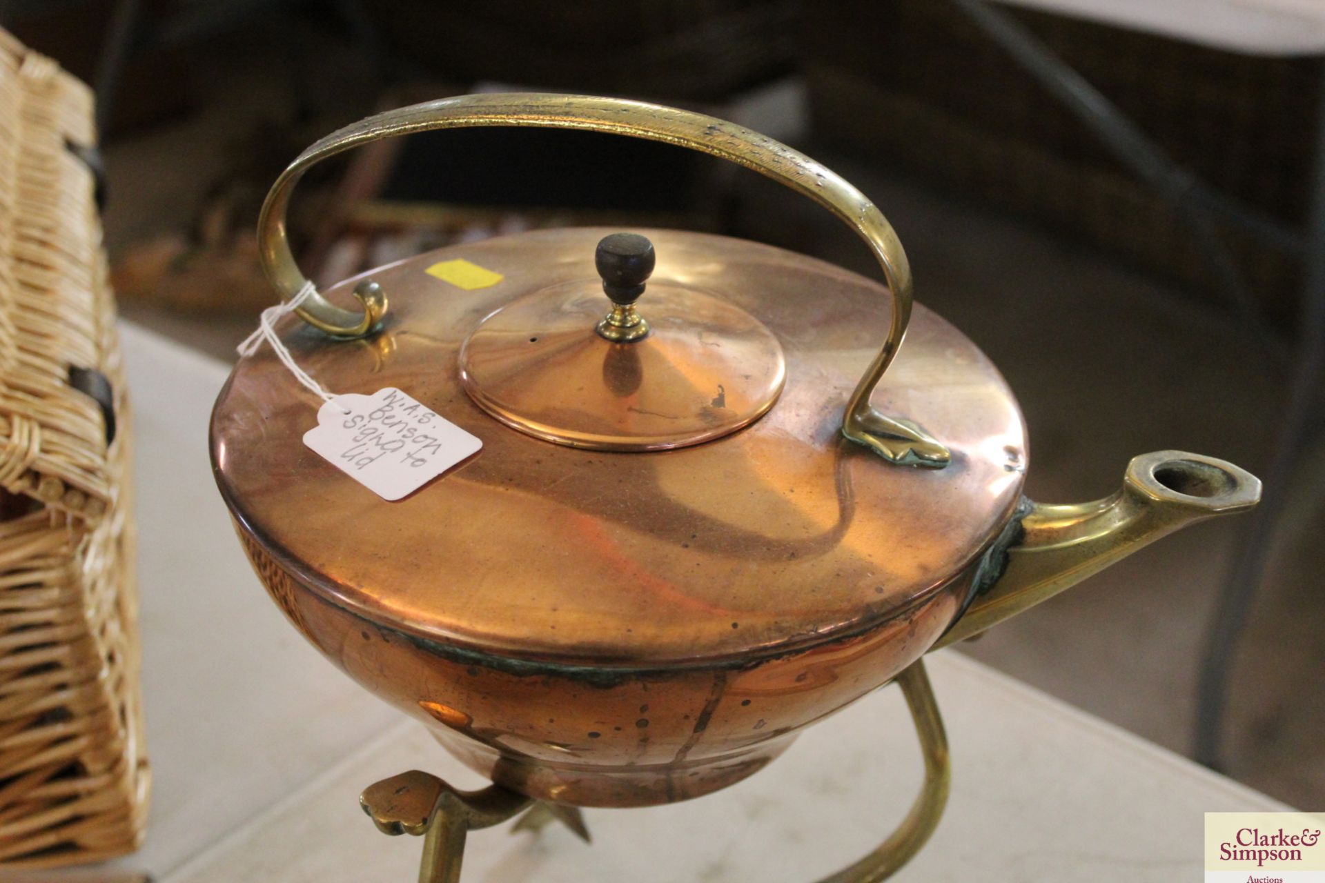 A brass and copper spirit kettle signed to Benson and a copper kettle together with a copper warming - Image 7 of 9