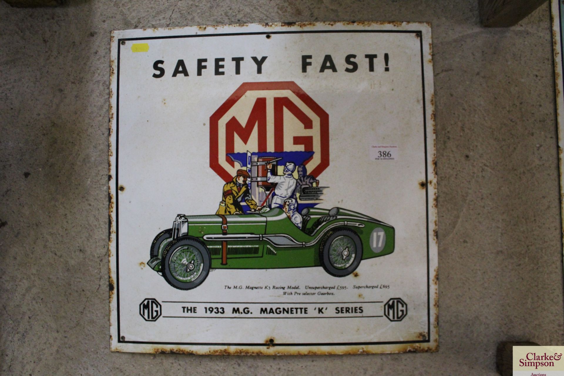 An ornate MG enamel sign for the "1933 MG Magnette