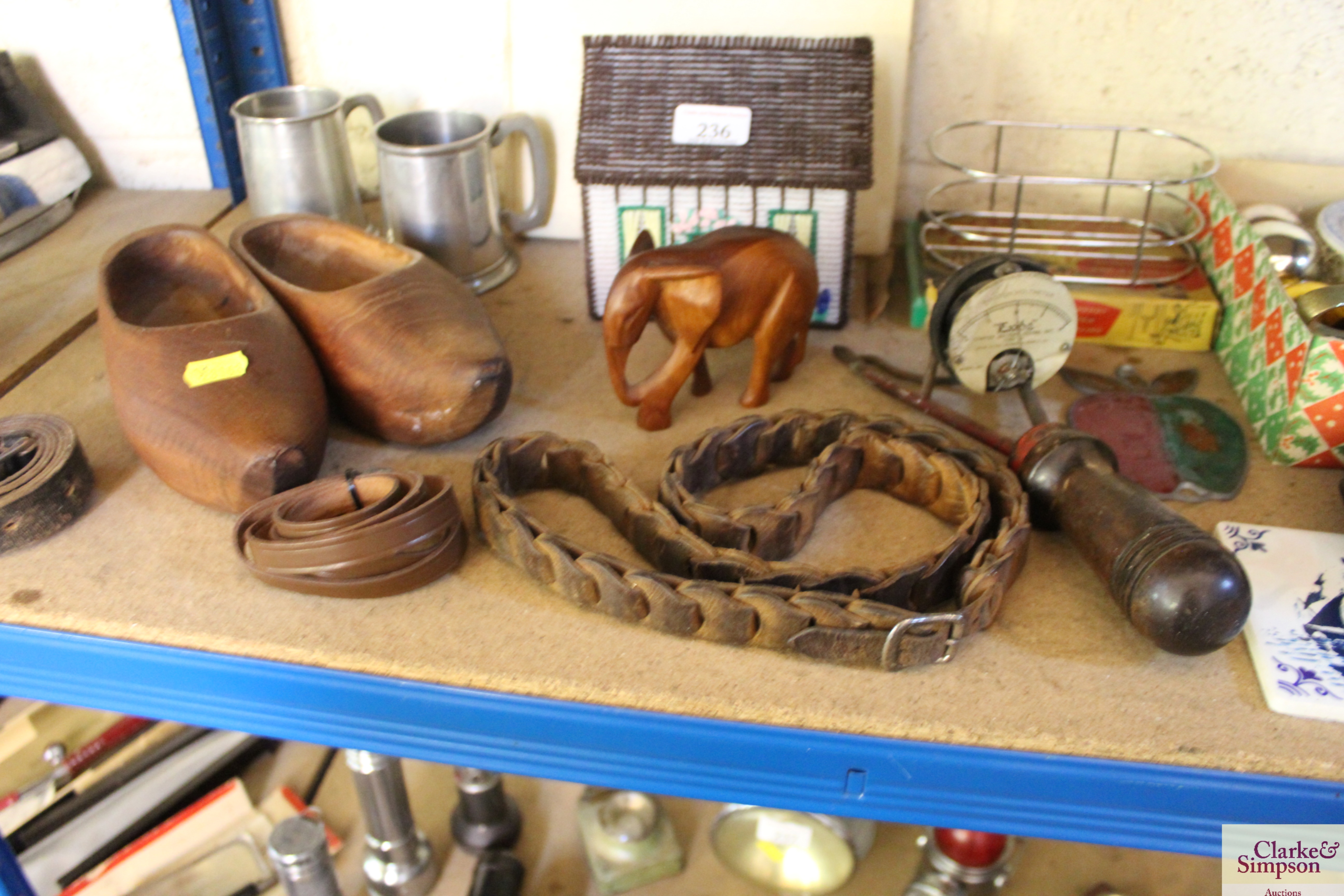 A pair of wooden clogs, two tankards, a small leat - Image 6 of 6