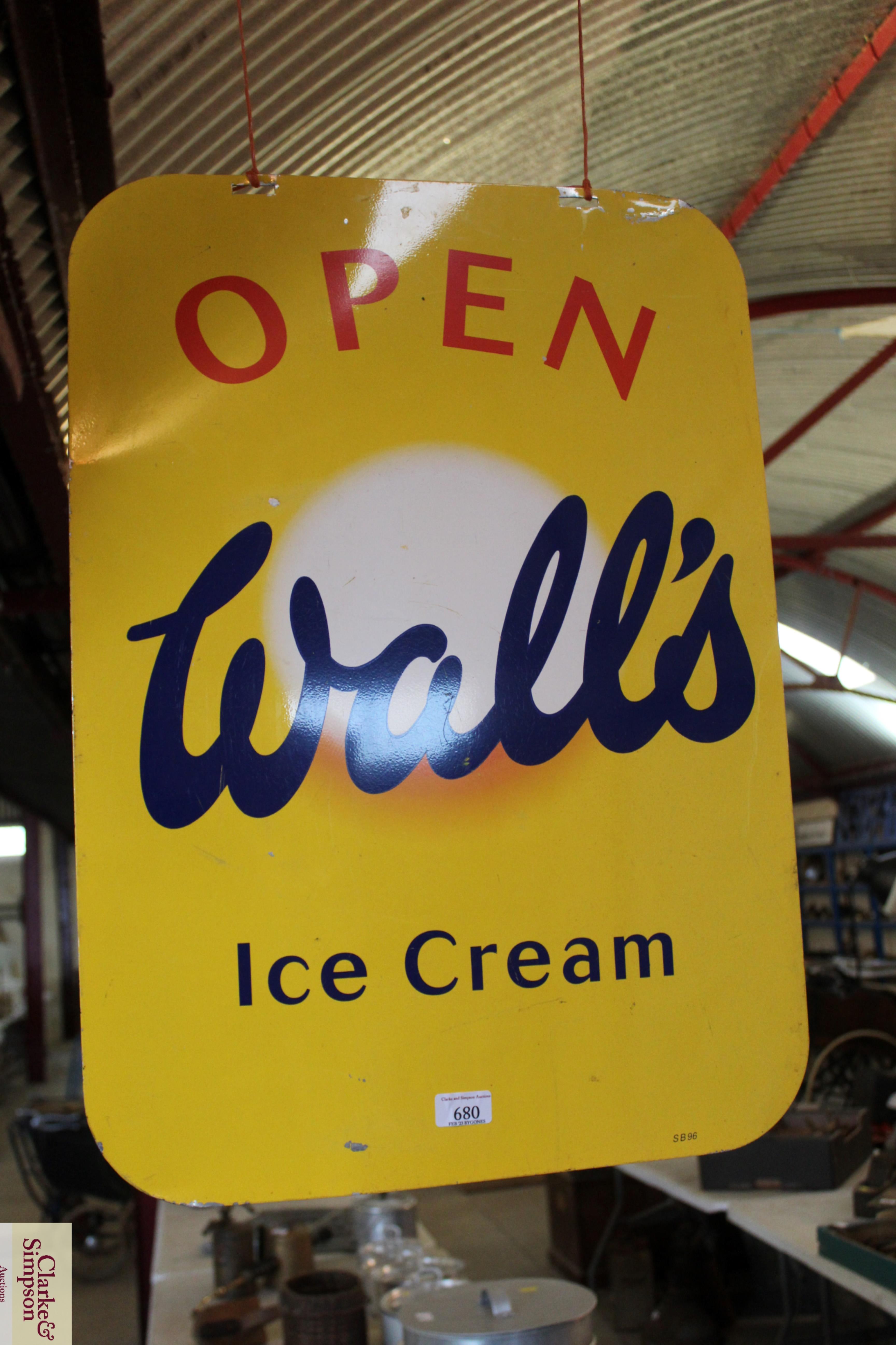 A "Walls Ice Cream" open double sided sign