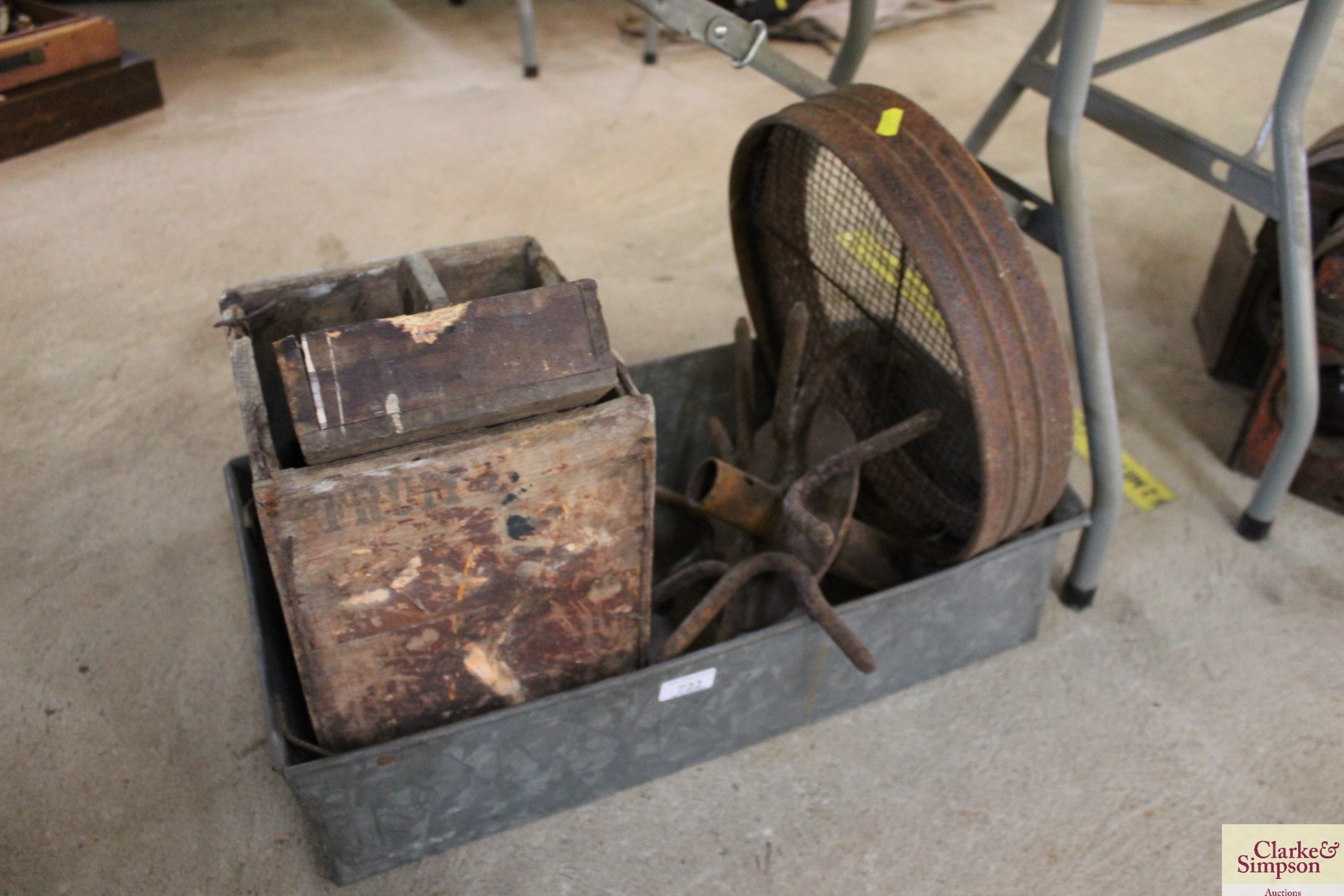 A galvanised tin box containing small tools boxes, metal sieve, Corona bottle box etc.